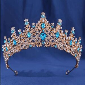 Wicked Silk Prom, Quinceanera Jeweled Crown Tiara Headband - Golden Teal